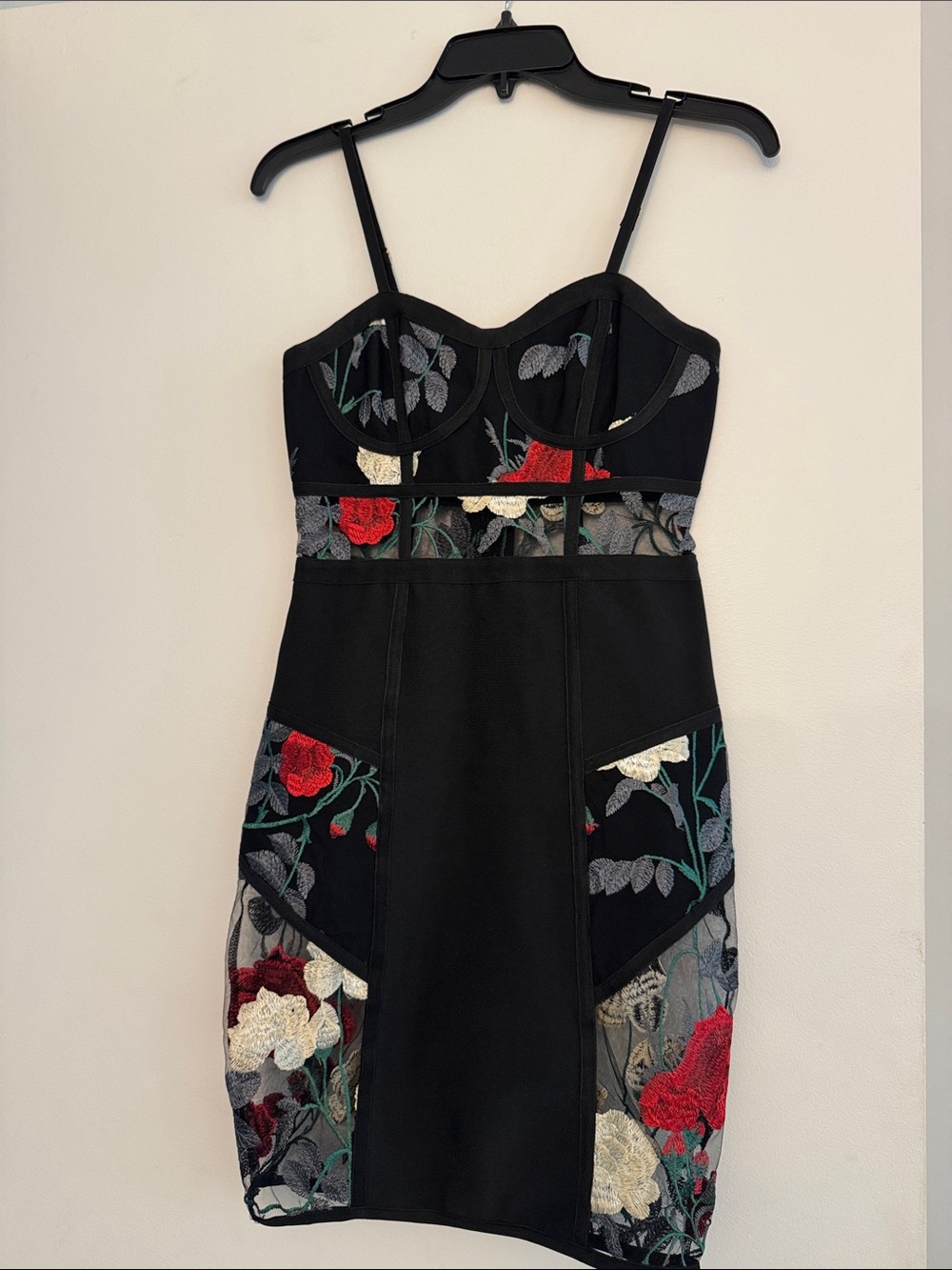 Black Floral Embroidered Mesh Bodycon Dress